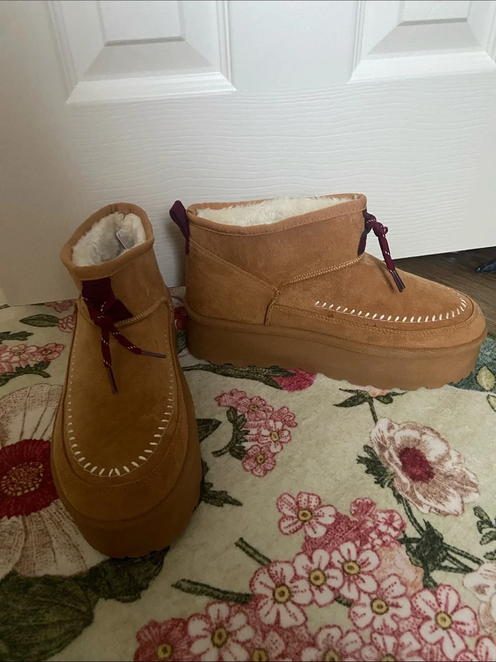 Mudd Tan Suede Platform Ankle Boots with Burgundy Laces